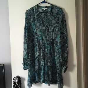 CASSIS Teal Blue Paisley Silk Chiffon Pin Tuck Mini Dress L